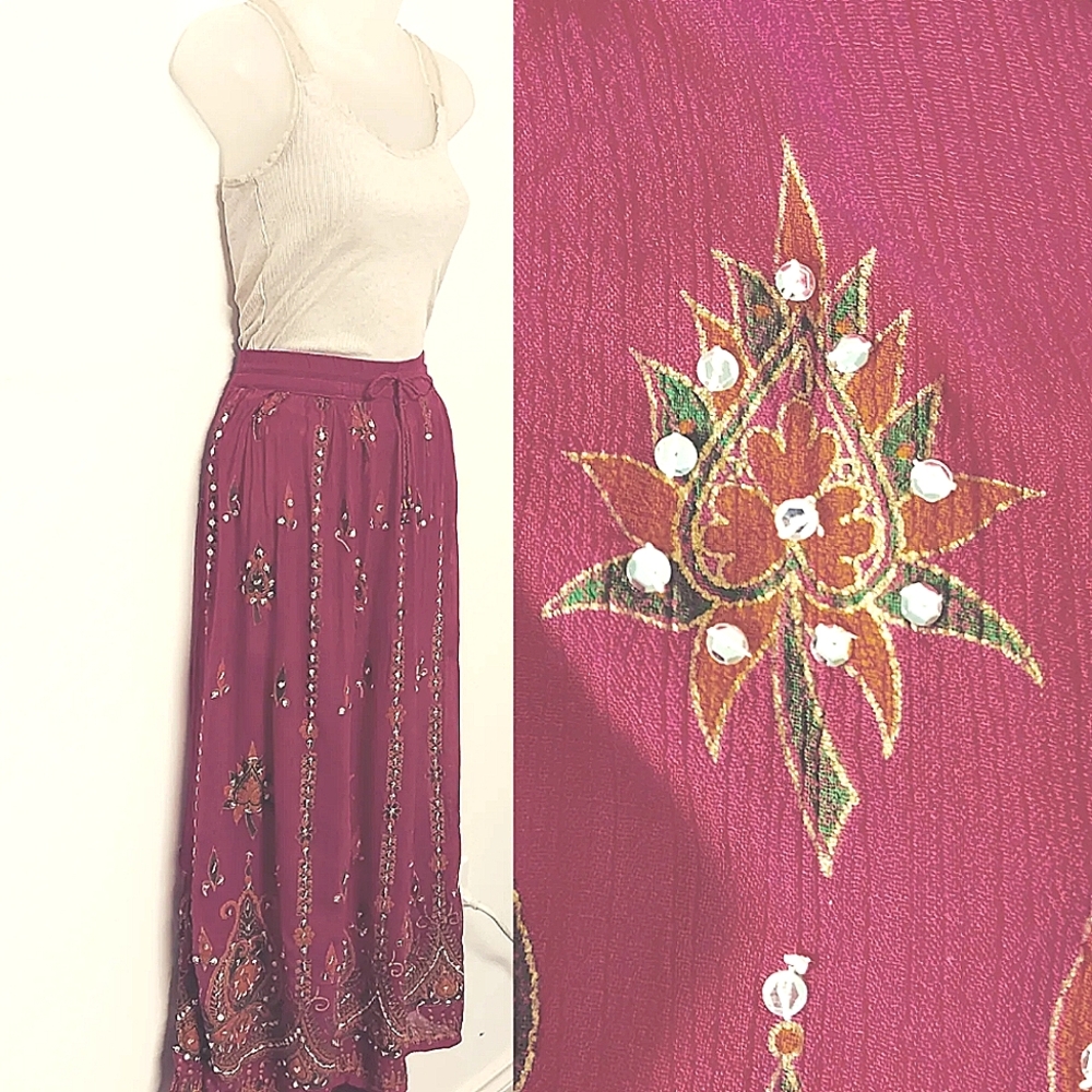 Boho Cerise Pink & Gold Skirt, Free-size up to 1X.